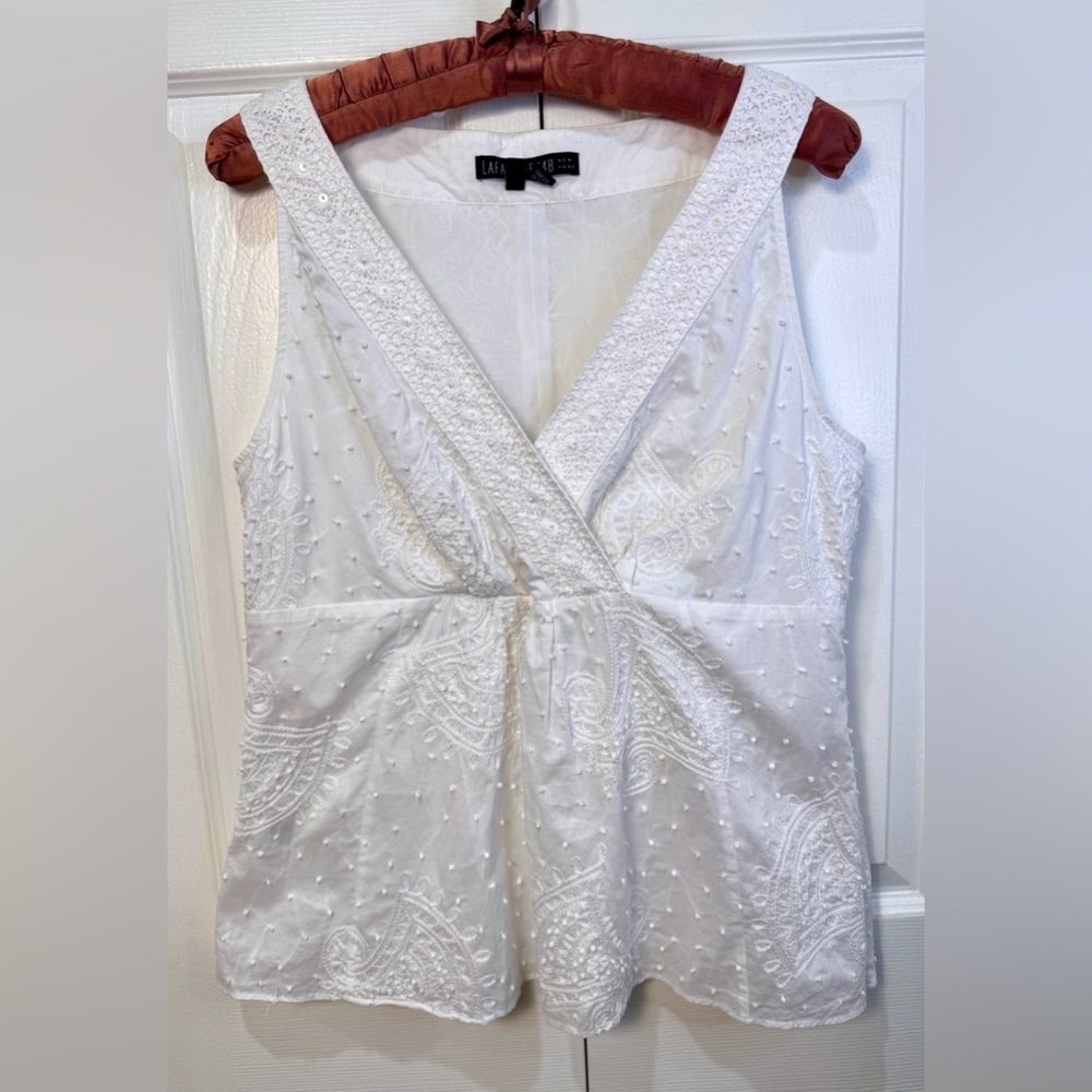Lafayette 148 White Beaded & Embroidered Sleeveless Top – Size 10